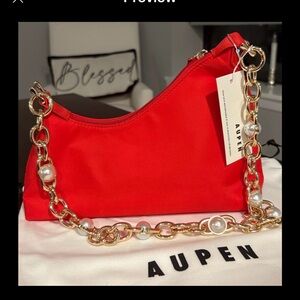 Aupen Nylon Handbag with Gold Tone Metal & Pearl Chain in Ruby Red ~Holidays
